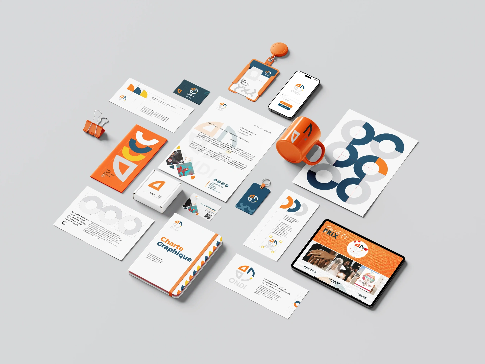 Identité visuelle ONDI — charte graphique, papeterie, badges et supports de marque